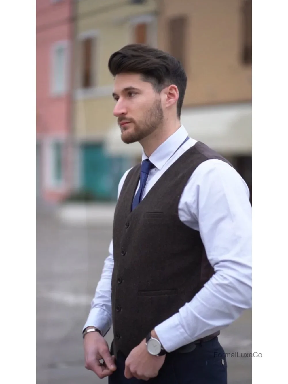 Men's Herringbone Tweed Suit Vest Wool Blend Waistcoat Sleeveless